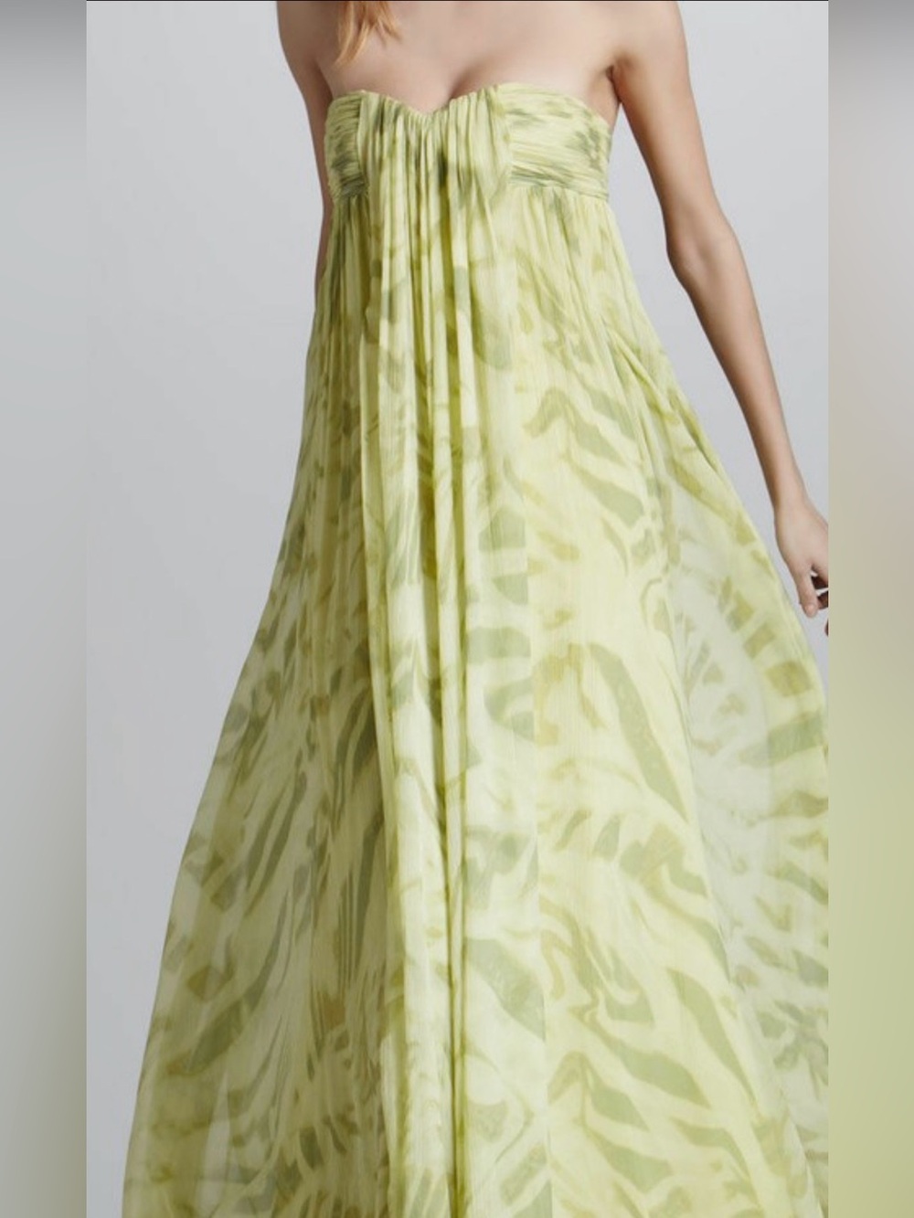 Halston Heritage Strapless Silk Chiffon Gown Dress Camomile Green Maxi - Picture 4 of 15